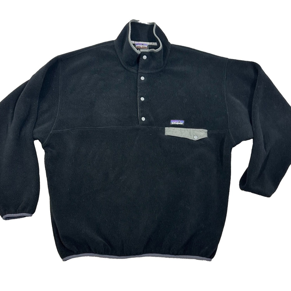 Patagonia Synchilla Mens Sz L Black Grey Snap T Pullover Fleece Outdoors Hiking